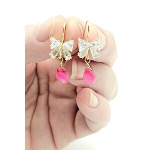 Bow Earrings Genuine Hot Pink Chalcedony Drop Hooks Hypoallergenic Silver Plated
